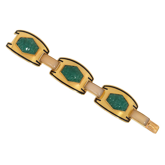 Sasportas French Art Deco 18KT Yellow Gold Jade, Chalcedony & Enamel Bracelet front