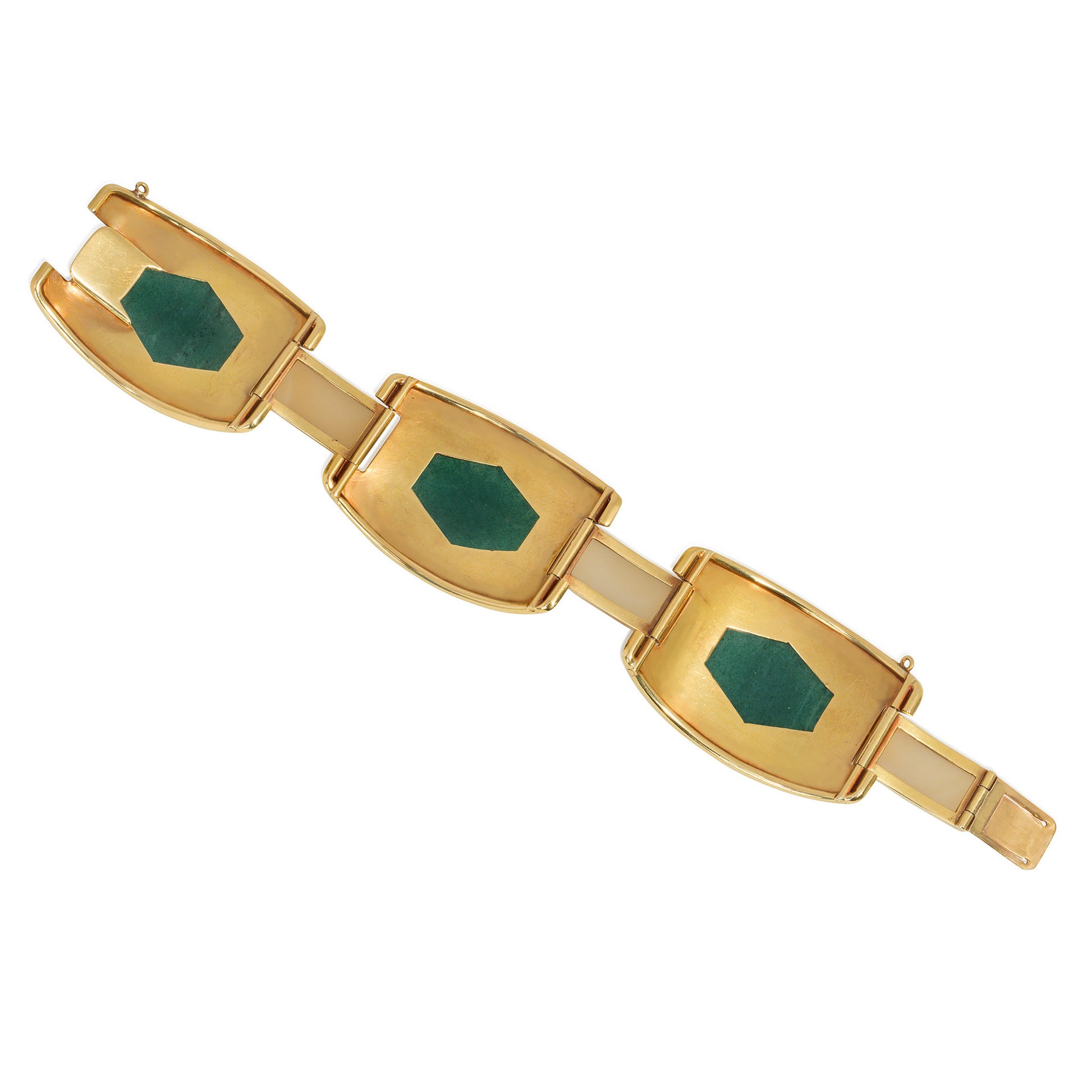 Sasportas French Art Deco 18KT Yellow Gold Jade, Chalcedony & Enamel Bracelet back