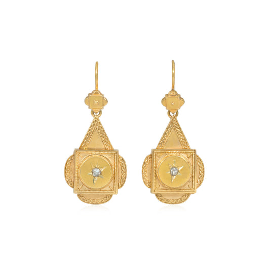 English Victorian 15KT Yellow Gold Diamond Earrings front