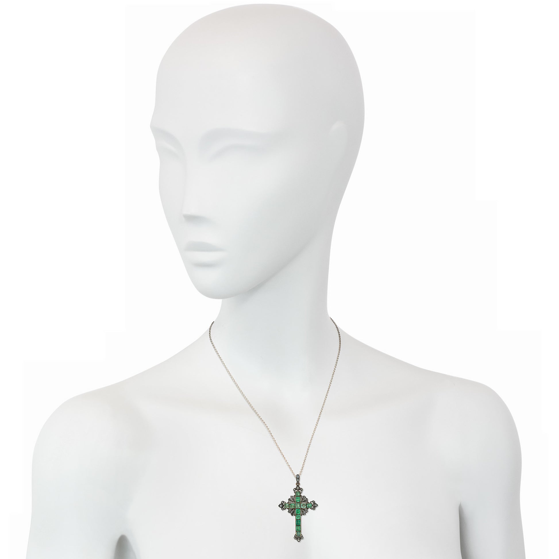 French Georgian Silver & 18KT Yellow Gold Diamond & Emerald Cross Pendant on neck