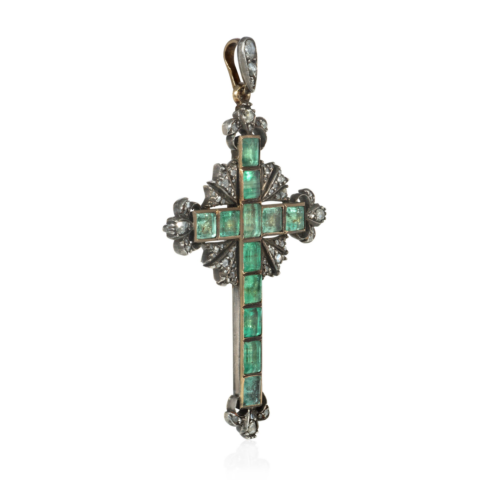 French Georgian Silver & 18KT Yellow Gold Diamond & Emerald Cross Pendant side