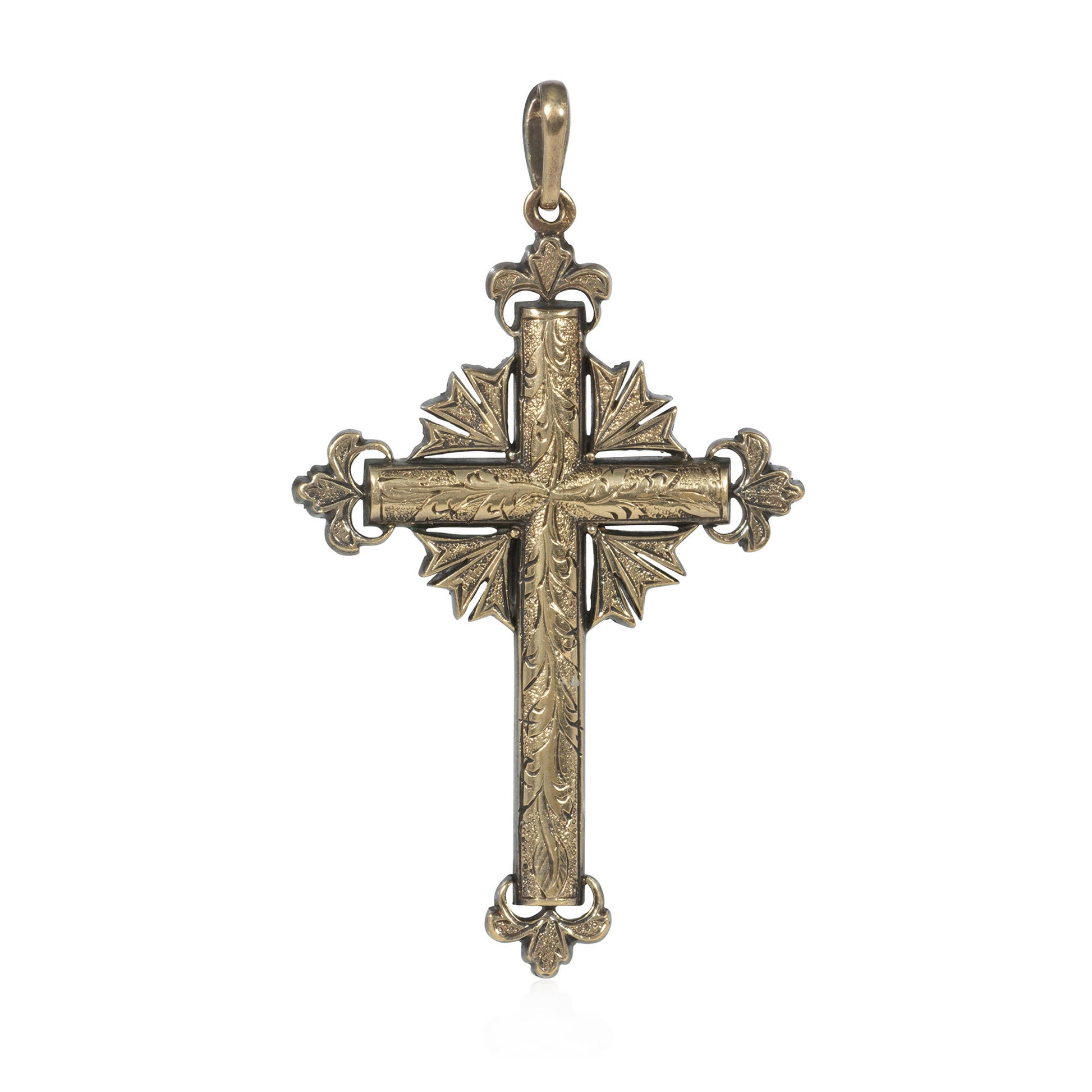 French Georgian Silver & 18KT Yellow Gold Diamond & Emerald Cross Pendant back