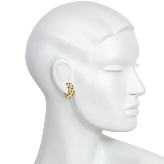 Van Cleef & Arpels NY 1970s 18KT Yellow Gold Diamond, Emerald, Ruby & Sapphire Earrings on ear