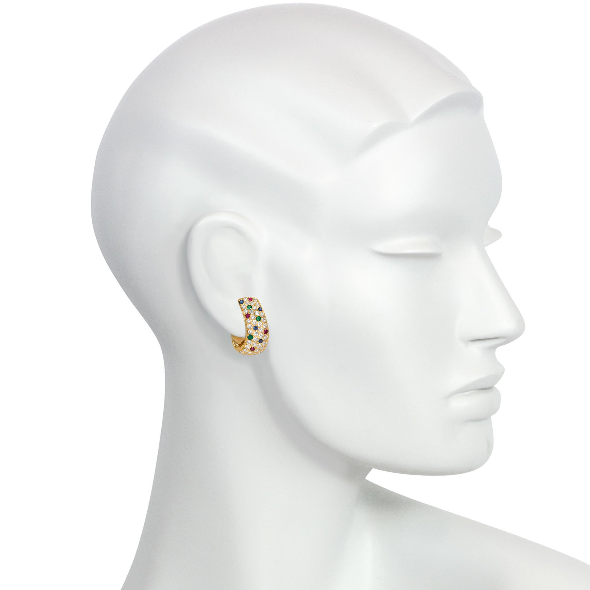 Van Cleef & Arpels NY 1970s 18KT Yellow Gold Diamond, Emerald, Ruby & Sapphire Earrings on ear