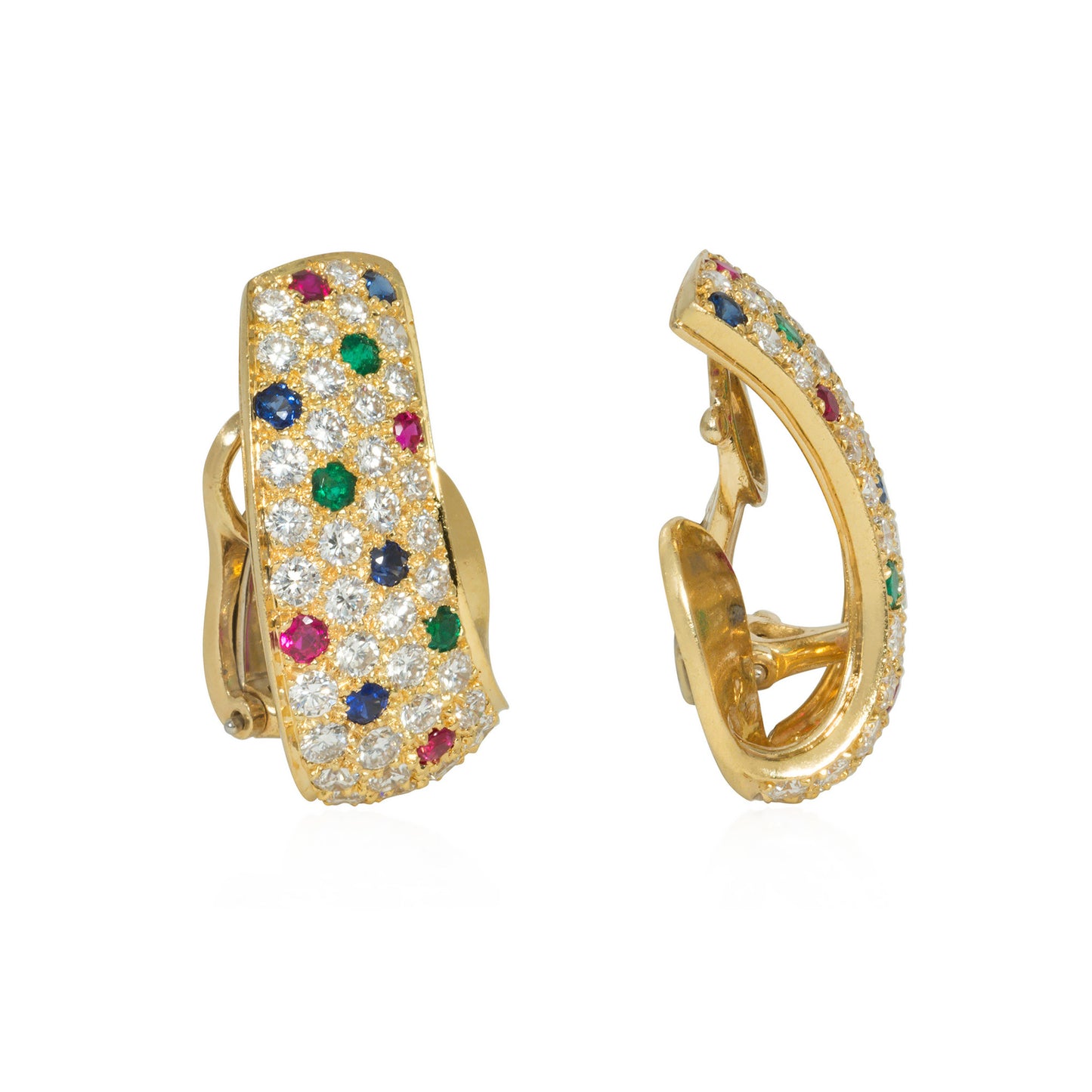 Van Cleef & Arpels NY 1970s 18KT Yellow Gold Diamond, Emerald, Ruby & Sapphire Earrings side