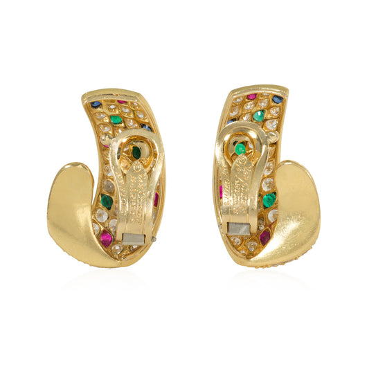 Van Cleef & Arpels NY 1970s 18KT Yellow Gold Diamond, Emerald, Ruby & Sapphire Earrings back