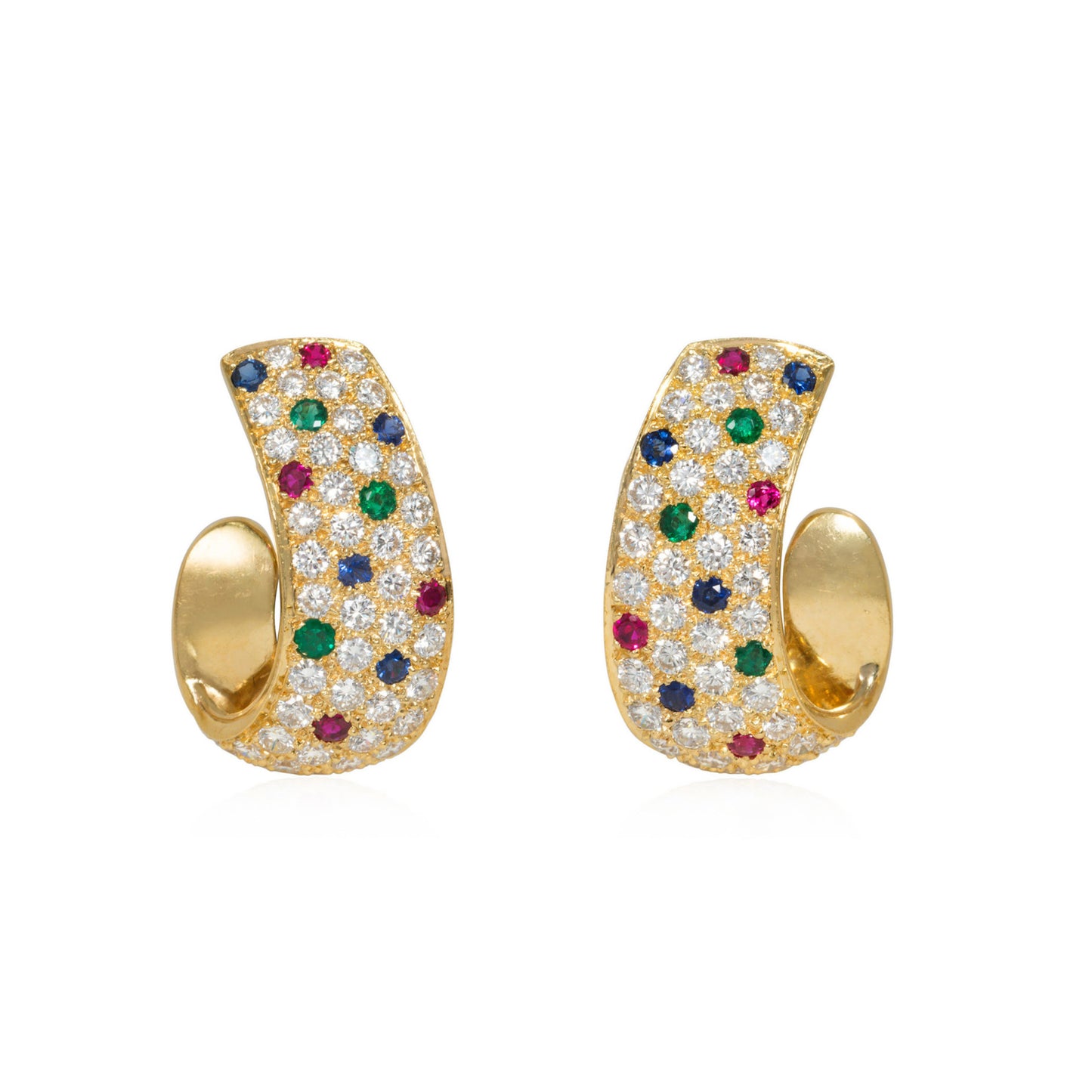 Van Cleef & Arpels NY 1970s 18KT Yellow Gold Diamond, Emerald, Ruby & Sapphire Earrings front