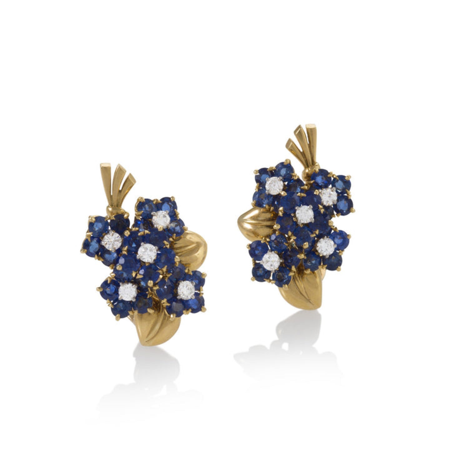 Van Cleef & Arpels Paris 1940s 18KT Yellow Gold Sapphire & Diamond Flower Earrings front