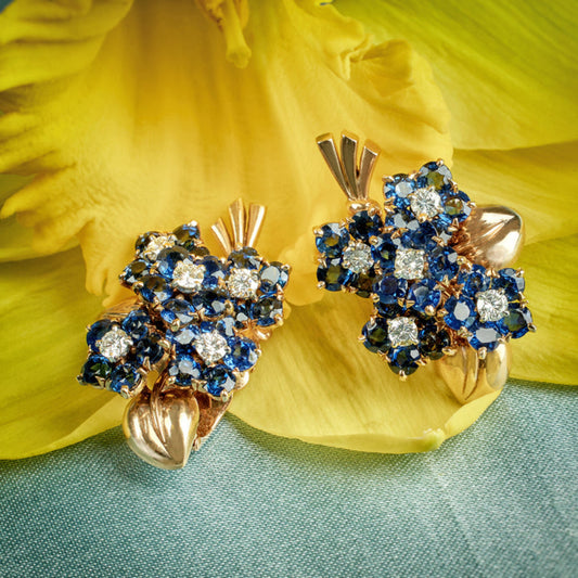 Van Cleef & Arpels Paris 1940s 18KT Yellow Gold Sapphire & Diamond Flower Earrings front