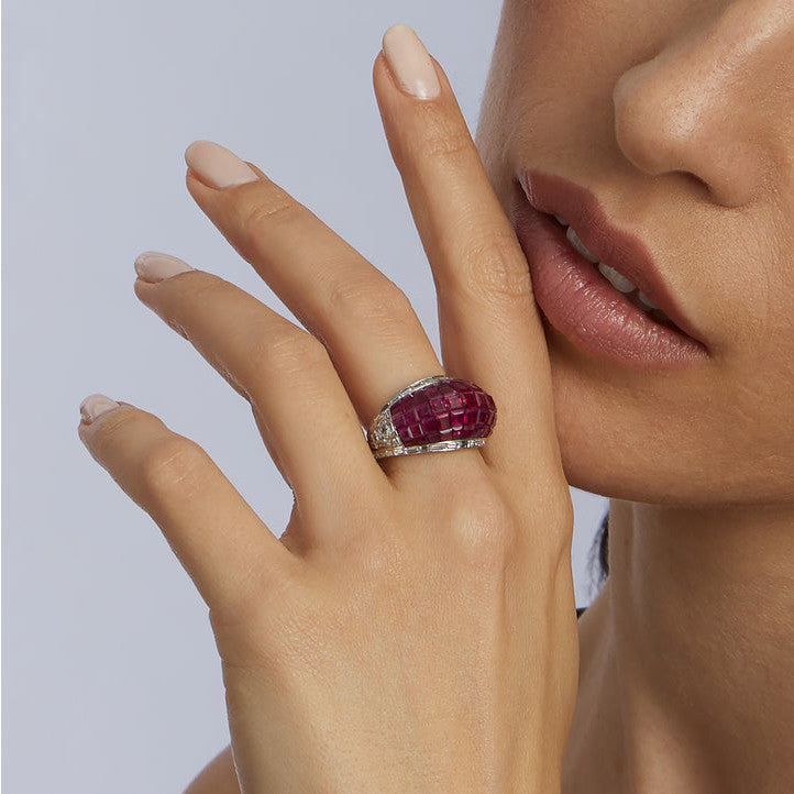 Ste. Loiseau-Kebadjian French 1980s Platinum & 18KT Yellow Gold Ruby & Diamond Bombé Ring on finger