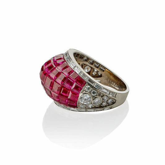 Ste. Loiseau-Kebadjian French 1980s Platinum & 18KT Yellow Gold Ruby & Diamond Bombé Ring side