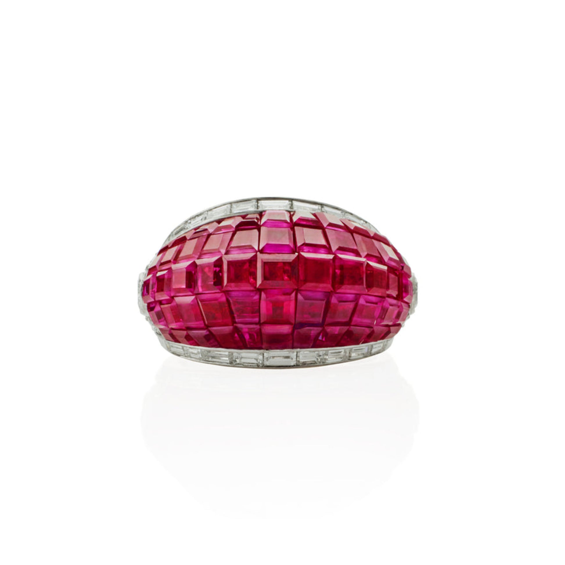 Ste. Loiseau-Kebadjian French 1980s Platinum & 18KT Yellow Gold Ruby & Diamond Bombé Ring front