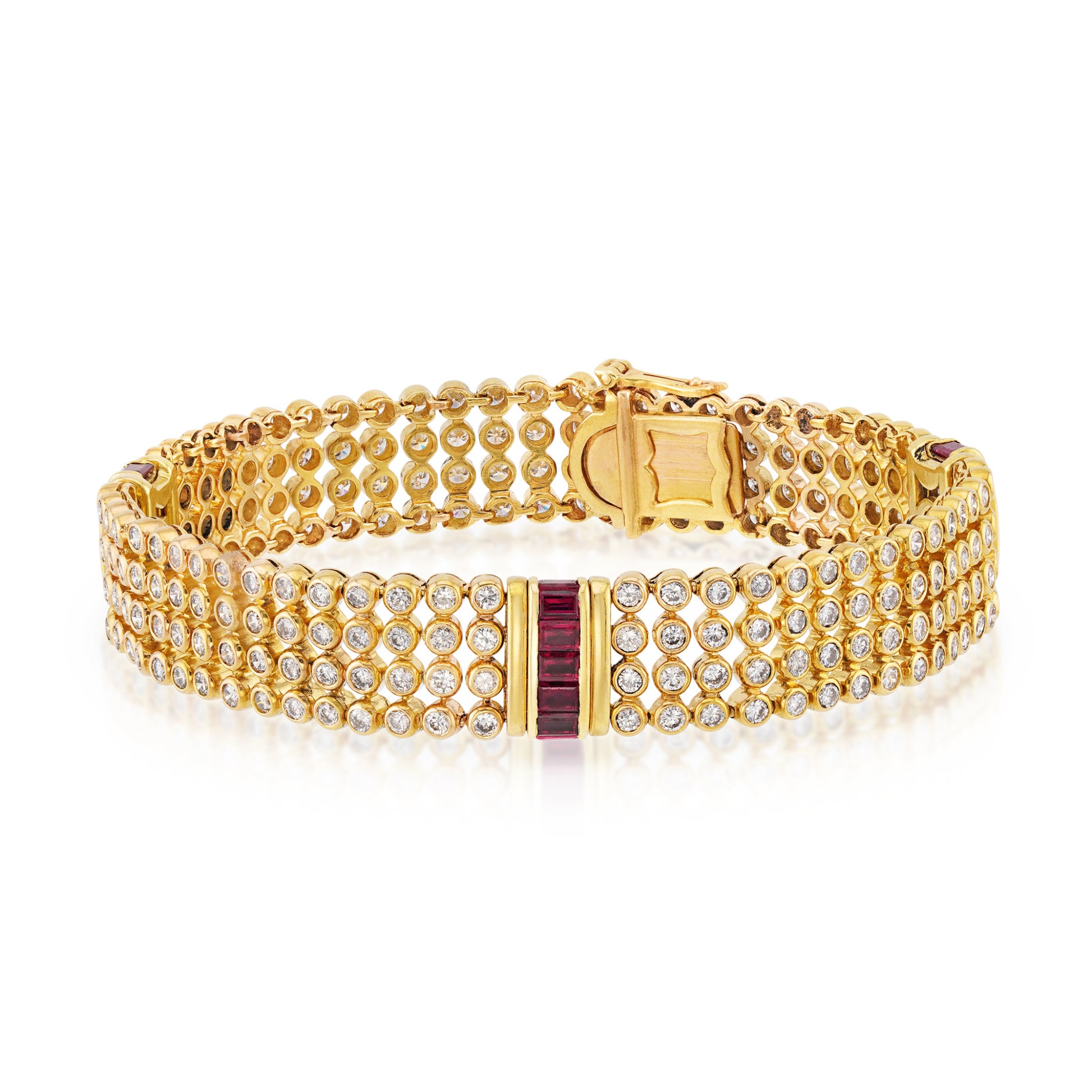 French 1970s 18KT Yellow Gold Diamond & Ruby Bracelet front