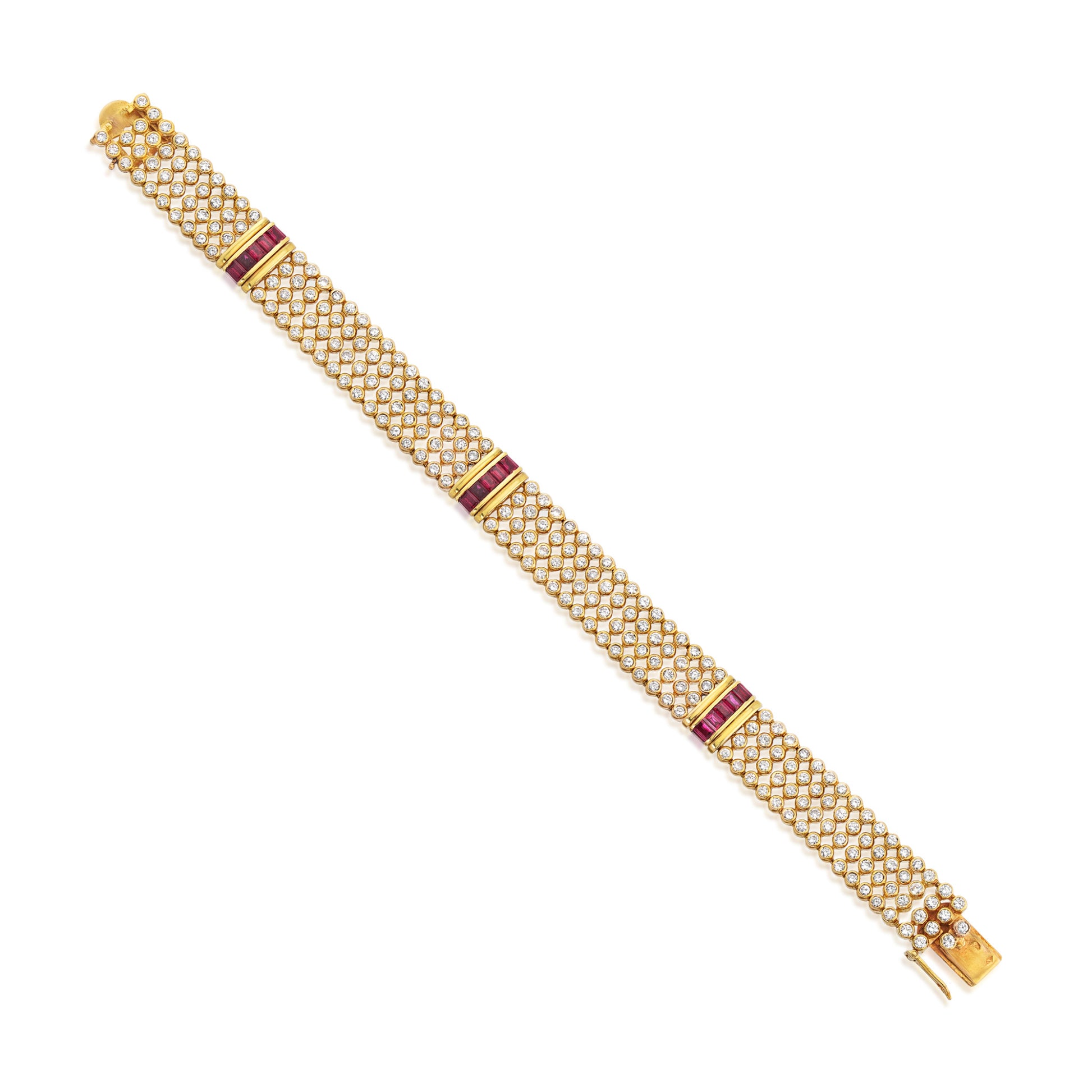 French 1970s 18KT Yellow Gold Diamond & Ruby Bracelet front