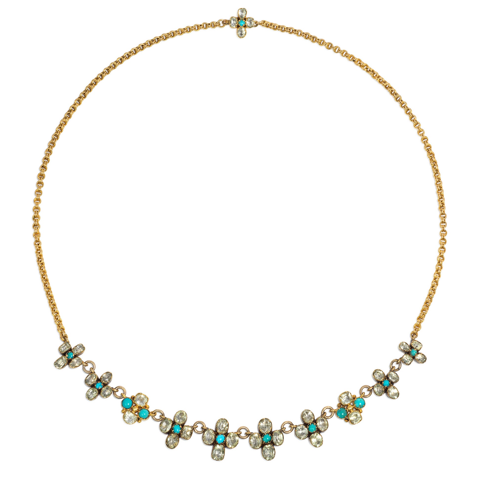 Georgian 18KT Yellow Gold Turquoise & Chrysoberyl Necklace front