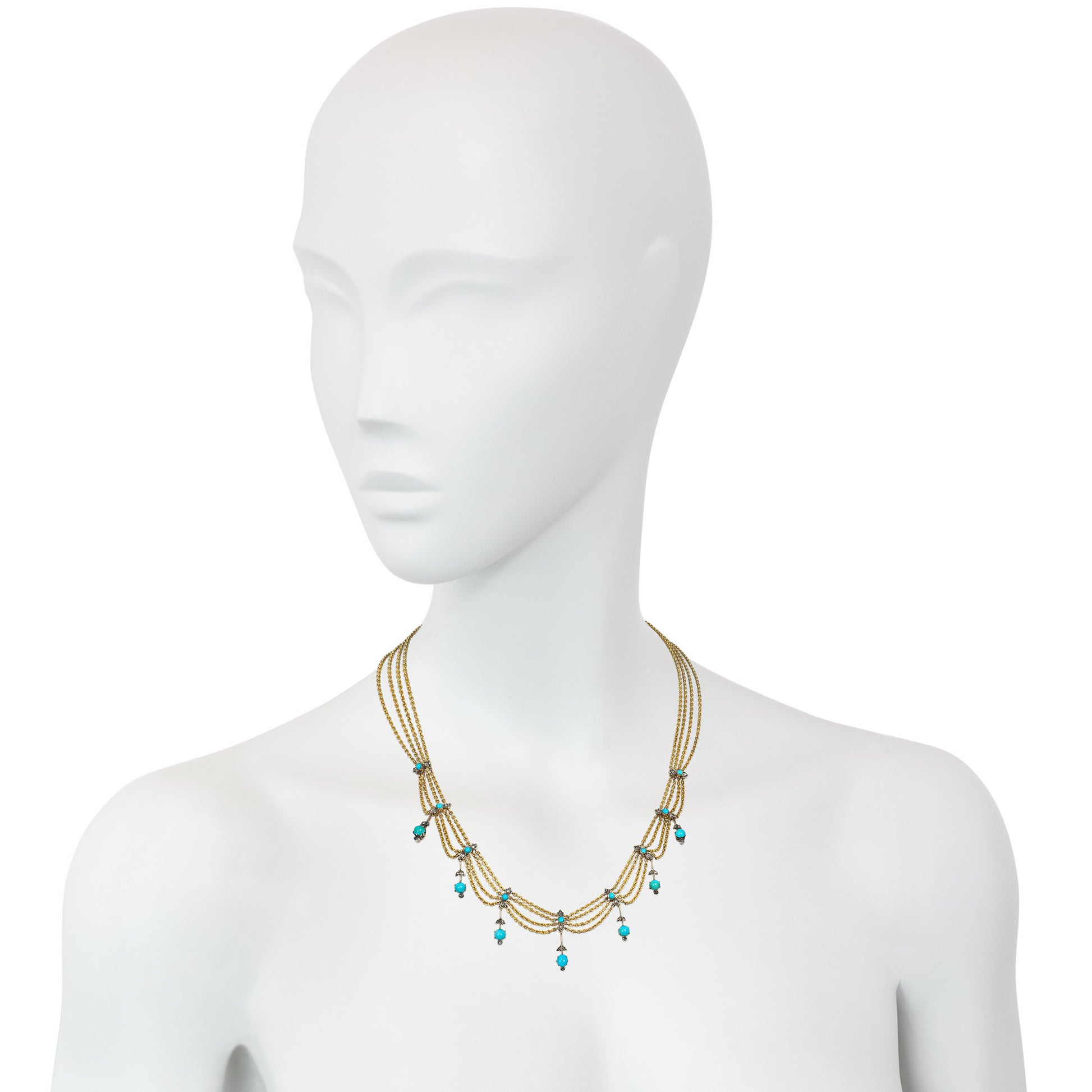 Victorian 14KT Yellow Gold Turquoise & Pink Diamond Necklace on neck