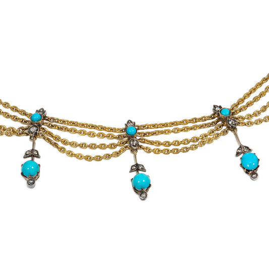 Victorian 14KT Yellow Gold Turquoise & Pink Diamond Necklace close-up details