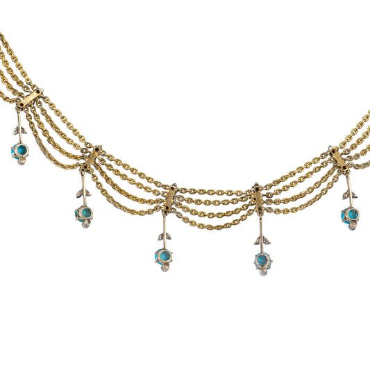 Victorian 14KT Yellow Gold Turquoise & Pink Diamond Necklace back