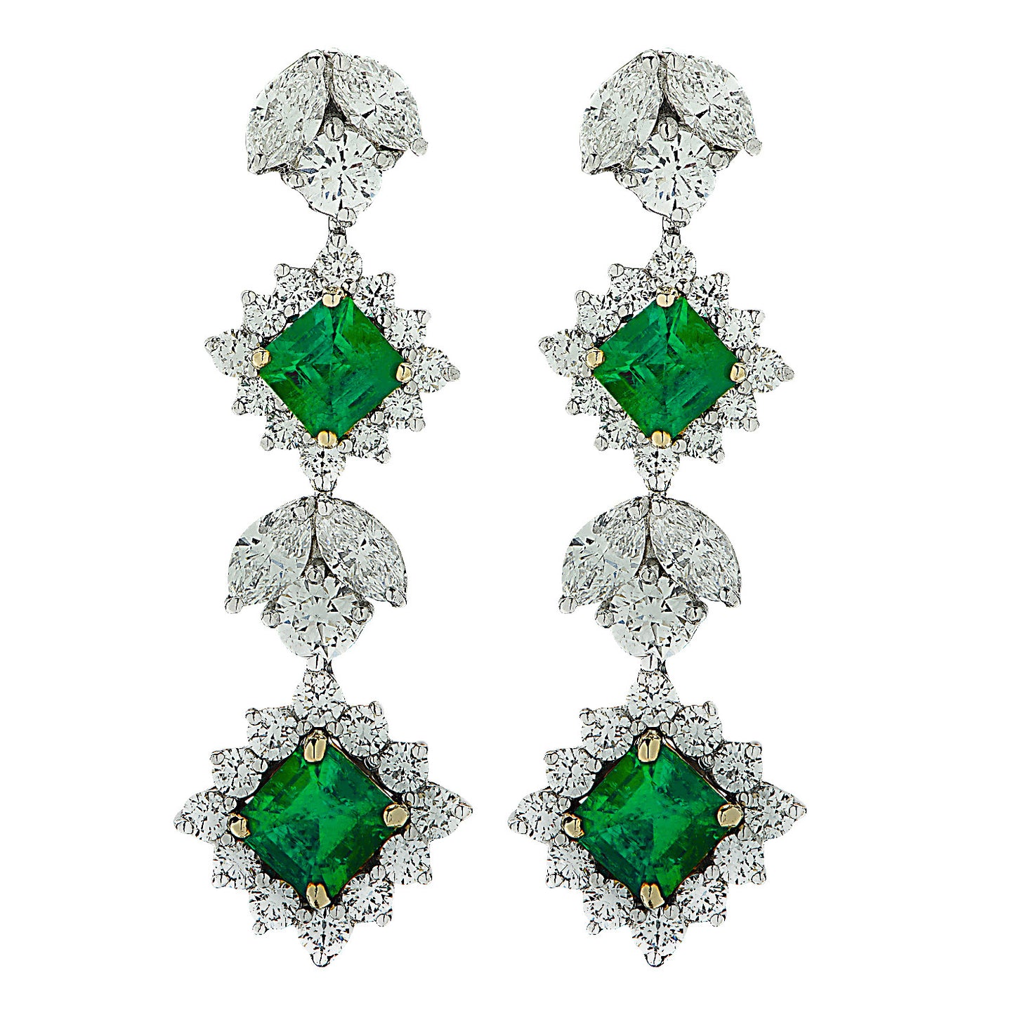 Contemporary Platinum & 18KT Yellow Gold Emerald & Diamond Earrings front