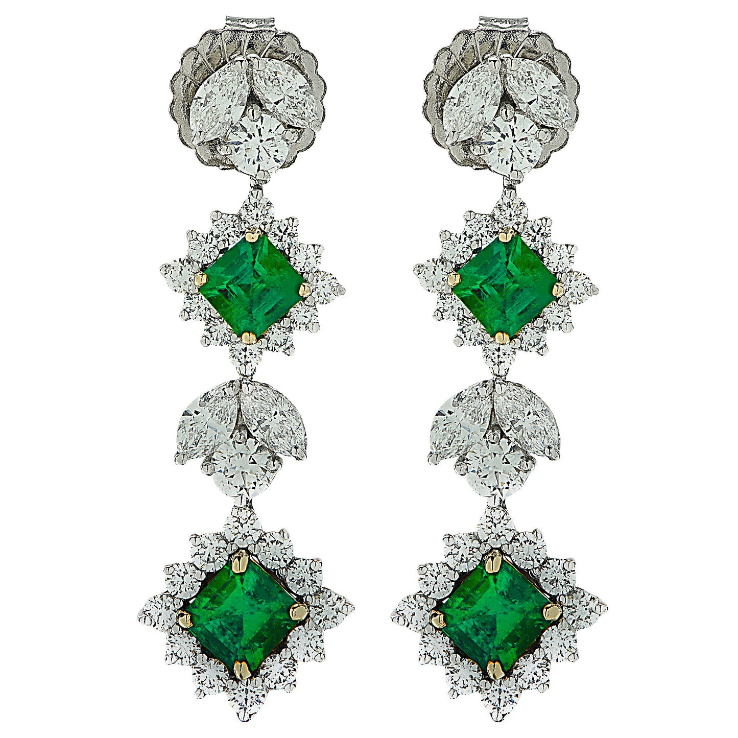 Contemporary Platinum & 18KT Yellow Gold Emerald & Diamond Earrings front