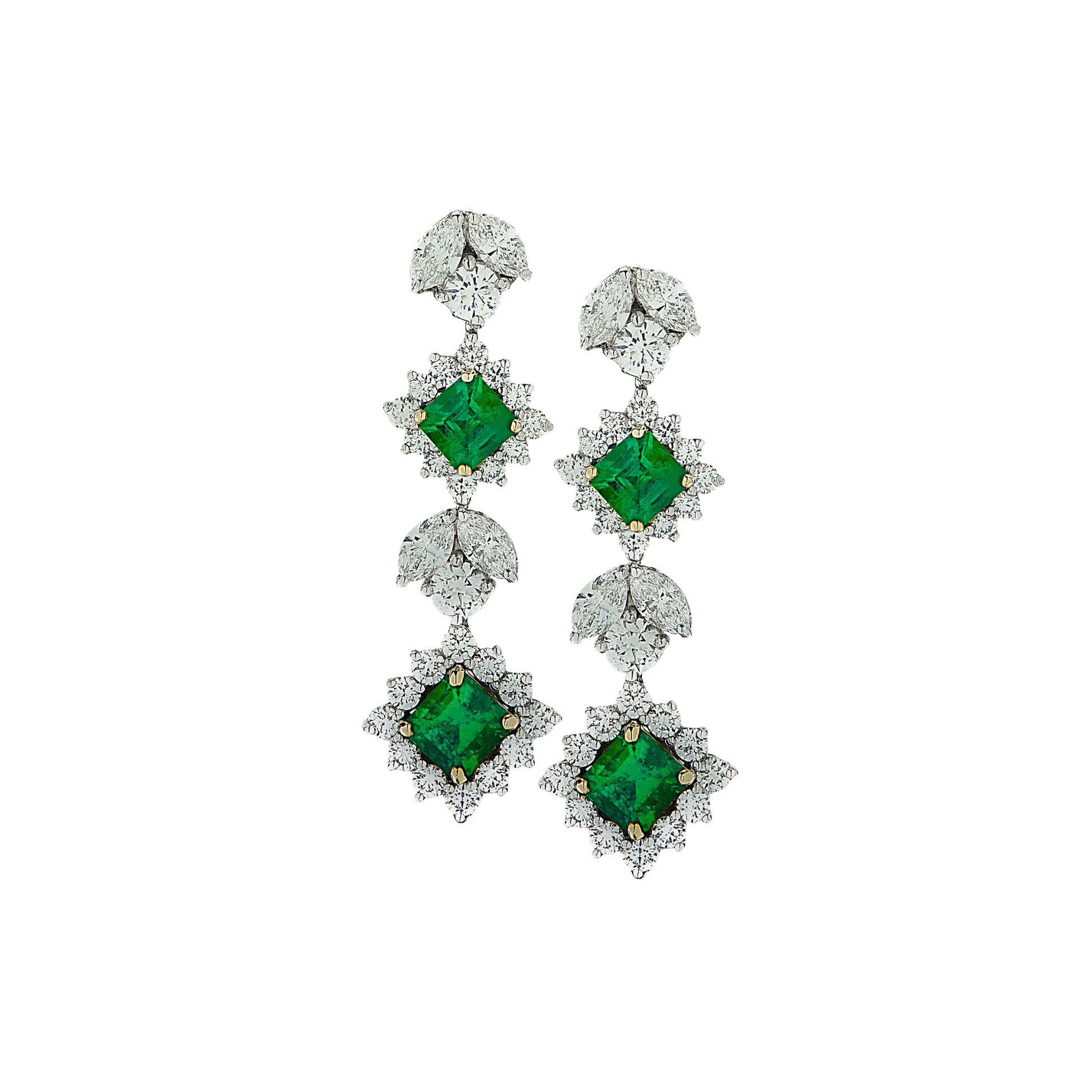 Contemporary Platinum & 18KT Yellow Gold Emerald & Diamond Earrings front