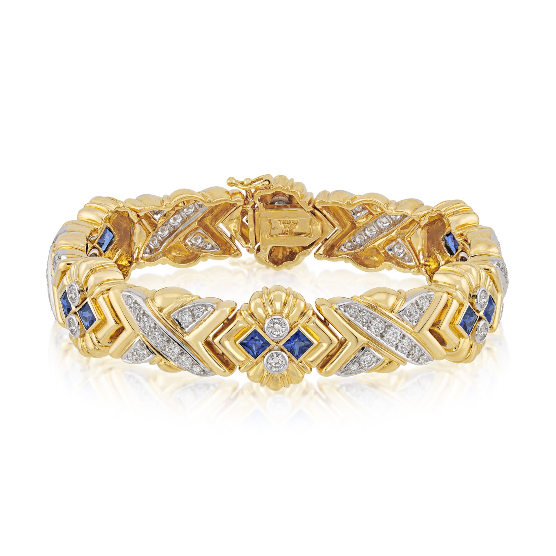 1980s Platinum & 18KT Yellow Gold Diamond & Sapphire Bracelet front