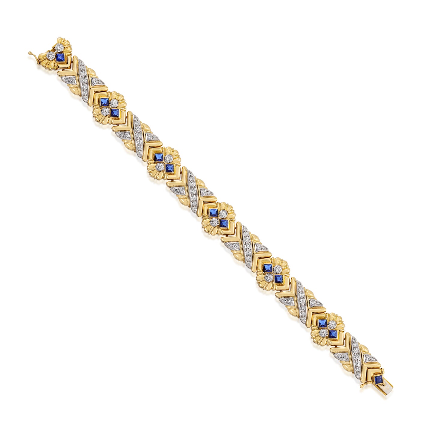 1980s Platinum & 18KT Yellow Gold Diamond & Sapphire Bracelet front