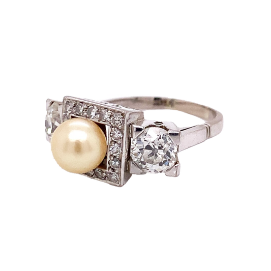 Art Deco Platinum Natural Pearl & Diamond Ring side