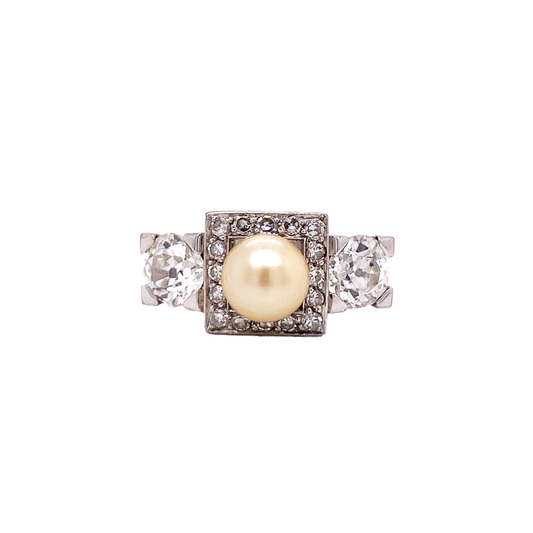 Art Deco Platinum Natural Pearl & Diamond Ring front