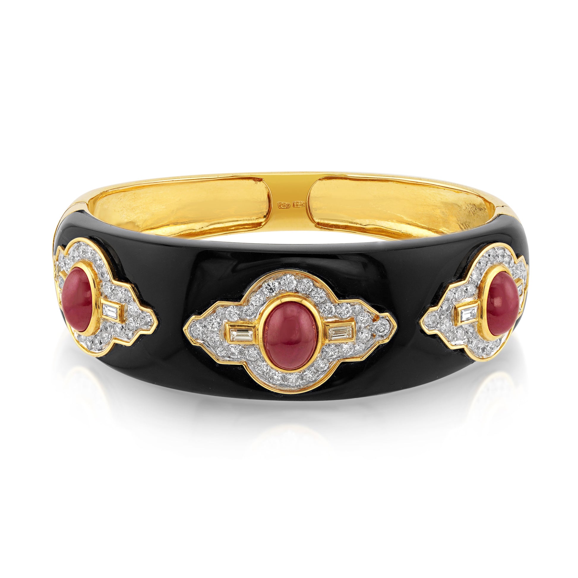 1980s 18KT Yellow Gold Onyx, Diamond & Ruby Bracelet front