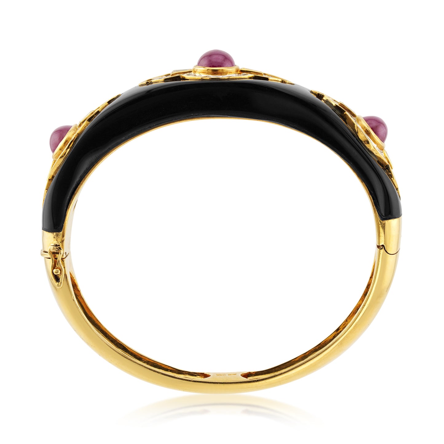 1980s 18KT Yellow Gold Onyx, Diamond & Ruby Bracelet profile