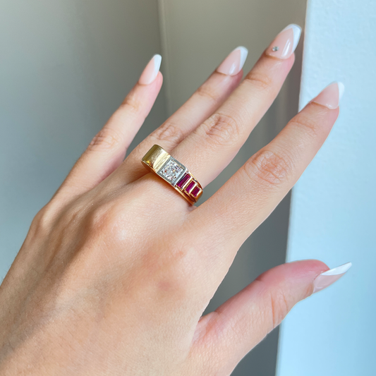 Retro Platinum & 18KT Yellow Gold Ruby & Diamond Ring on finger