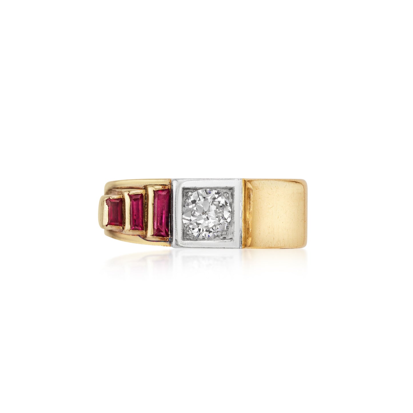 Retro Platinum & 18KT Yellow Gold Ruby & Diamond Ring front