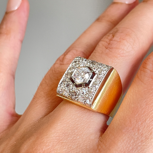 Retro Platinum & 18KT Yellow Gold Diamond Ring on finger