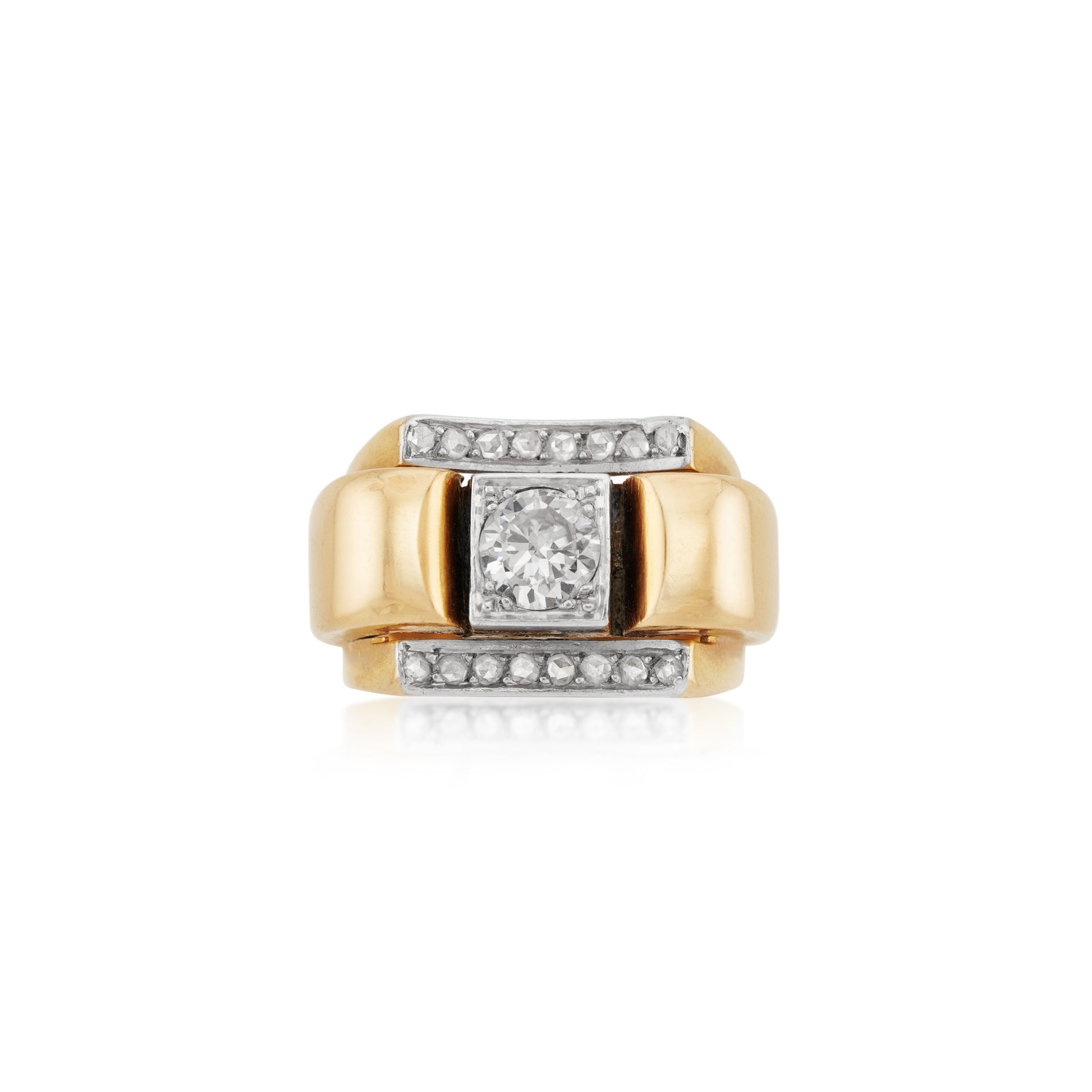 French Retro Platinum & 18KT Yellow Gold Diamond Ring front