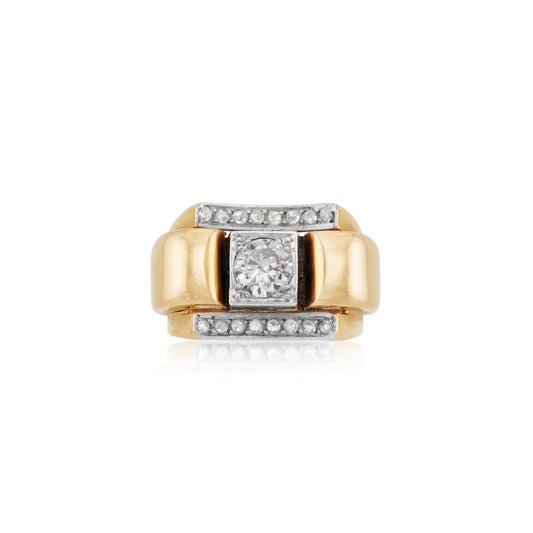 French Retro Platinum & 18KT Yellow Gold Diamond Ring front