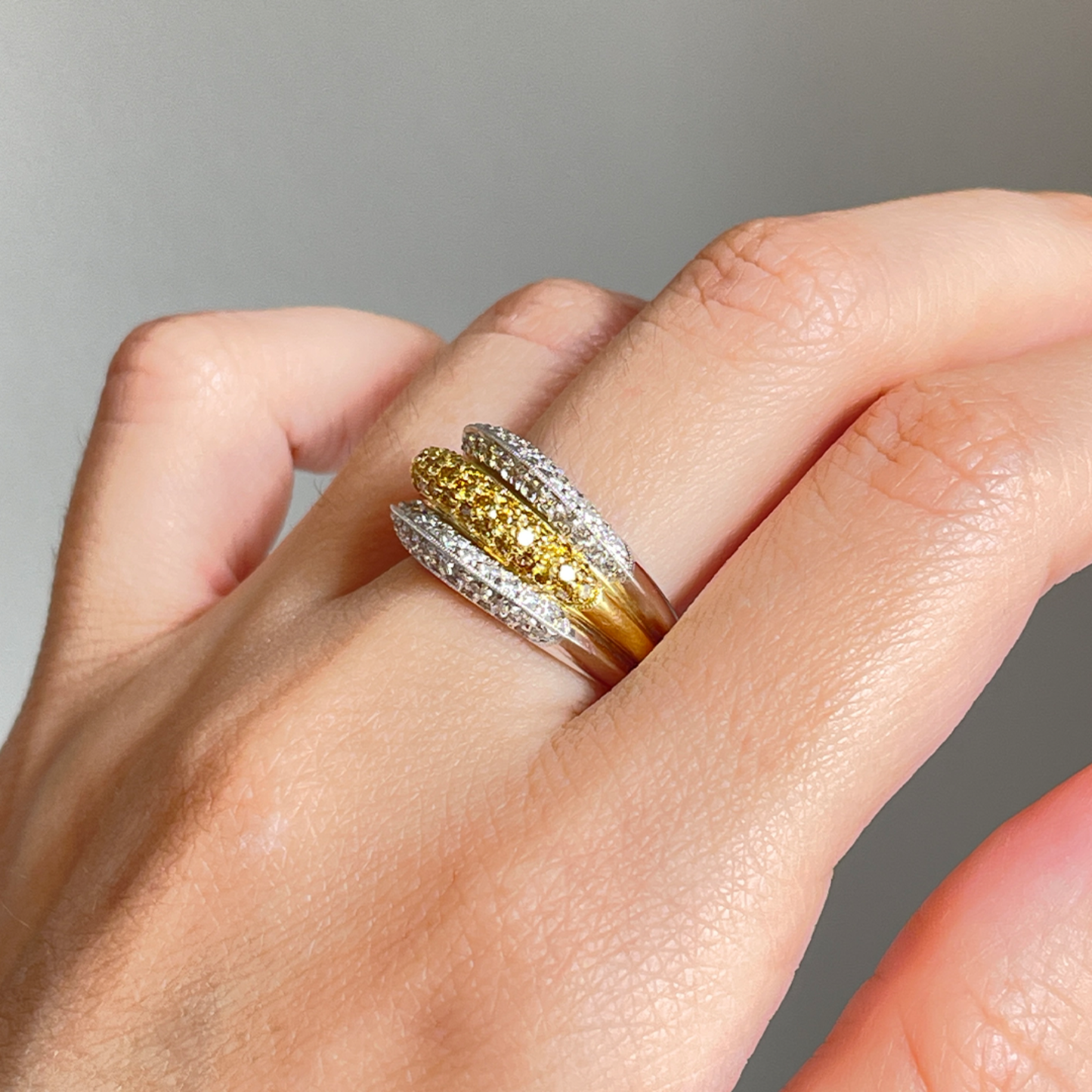 Post-1980s Platinum & 18KT Yellow Gold Diamond Ring on finger