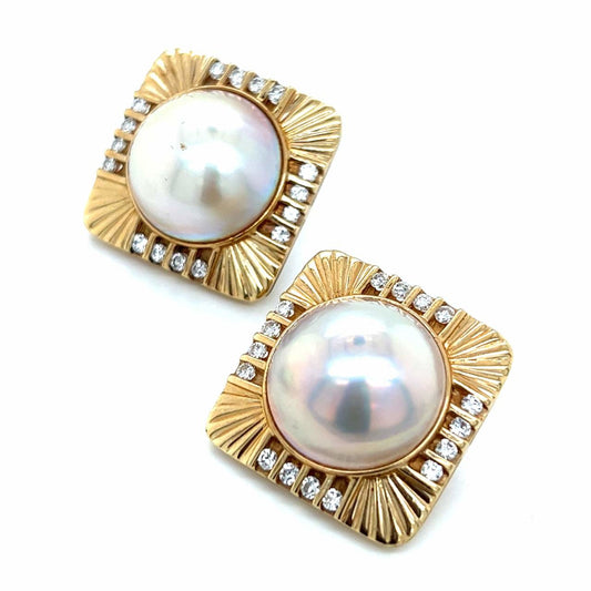 Post-1980s 14KT Yellow Gold Diamond & Cultured Pearl Earrings front