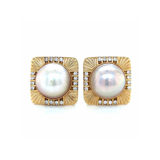 Post-1980s 14KT Yellow Gold Diamond & Cultured Pearl Earrings front