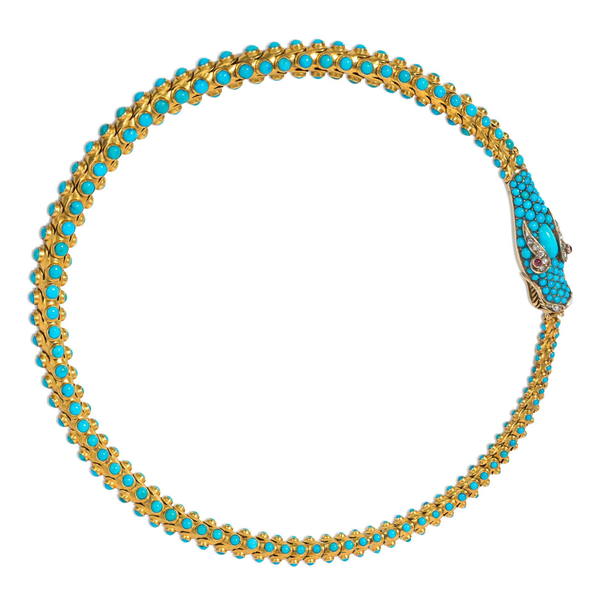 Georgian 18KT Yellow Gold Turquoise, Ruby & Diamond Snake Necklace front