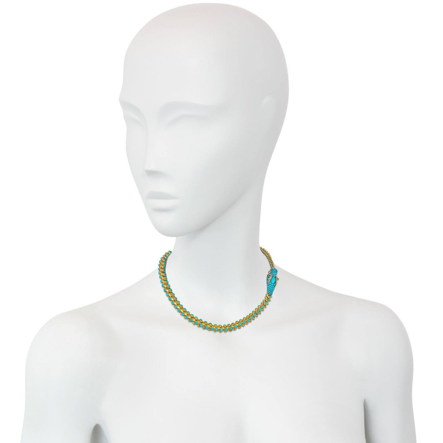 Georgian 18KT Yellow Gold Turquoise, Ruby & Diamond Snake Necklace on neck