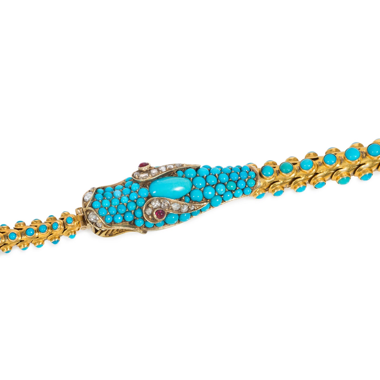 Georgian 18KT Yellow Gold Turquoise, Ruby & Diamond Snake Necklace clasp