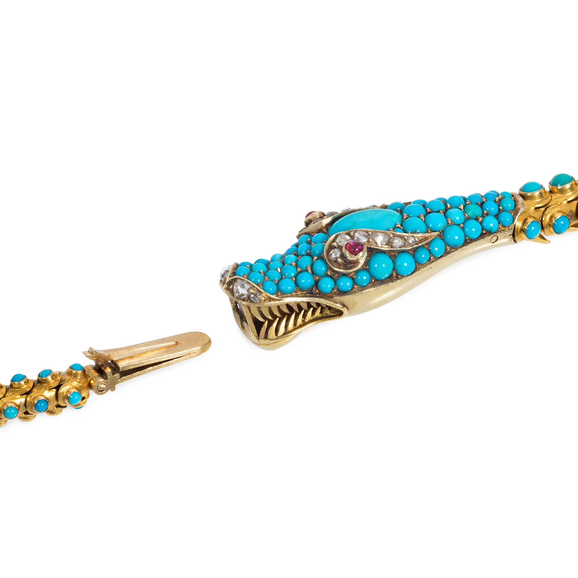 Georgian 18KT Yellow Gold Turquoise, Ruby & Diamond Snake Necklace clasp