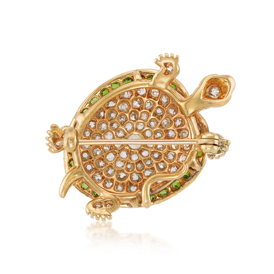 Edwardian 18KT Yellow Gold Diamond & Demantoid Turtle Brooch back