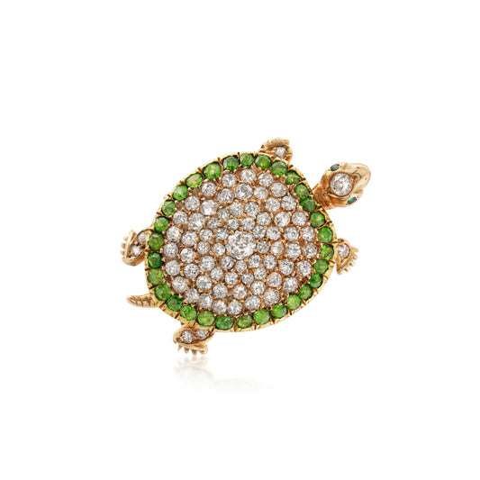 Edwardian 18KT Yellow Gold Diamond & Demantoid Turtle Brooch front