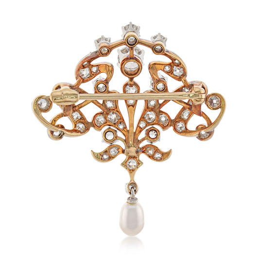 Edwardian Platinum & 18KT Yellow Gold Natural Pearl & Diamond Brooch back