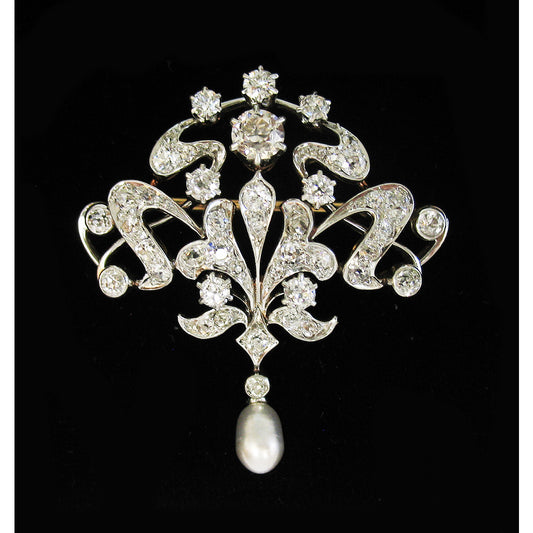 Edwardian Platinum & 18KT Yellow Gold Natural Pearl & Diamond Brooch front