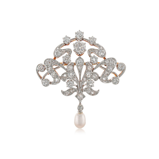 Edwardian Platinum & 18KT Yellow Gold Natural Pearl & Diamond Brooch front