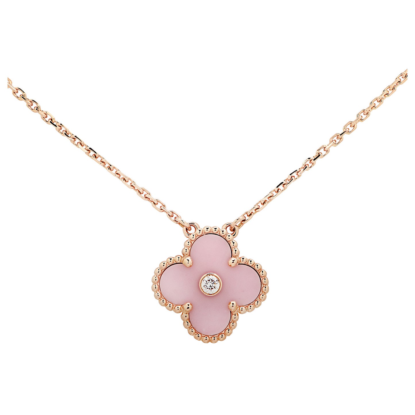 Van Cleef & Arpels Post-1980s 18KT Rose Gold Diamond & Porcelain Alhambra Necklace front