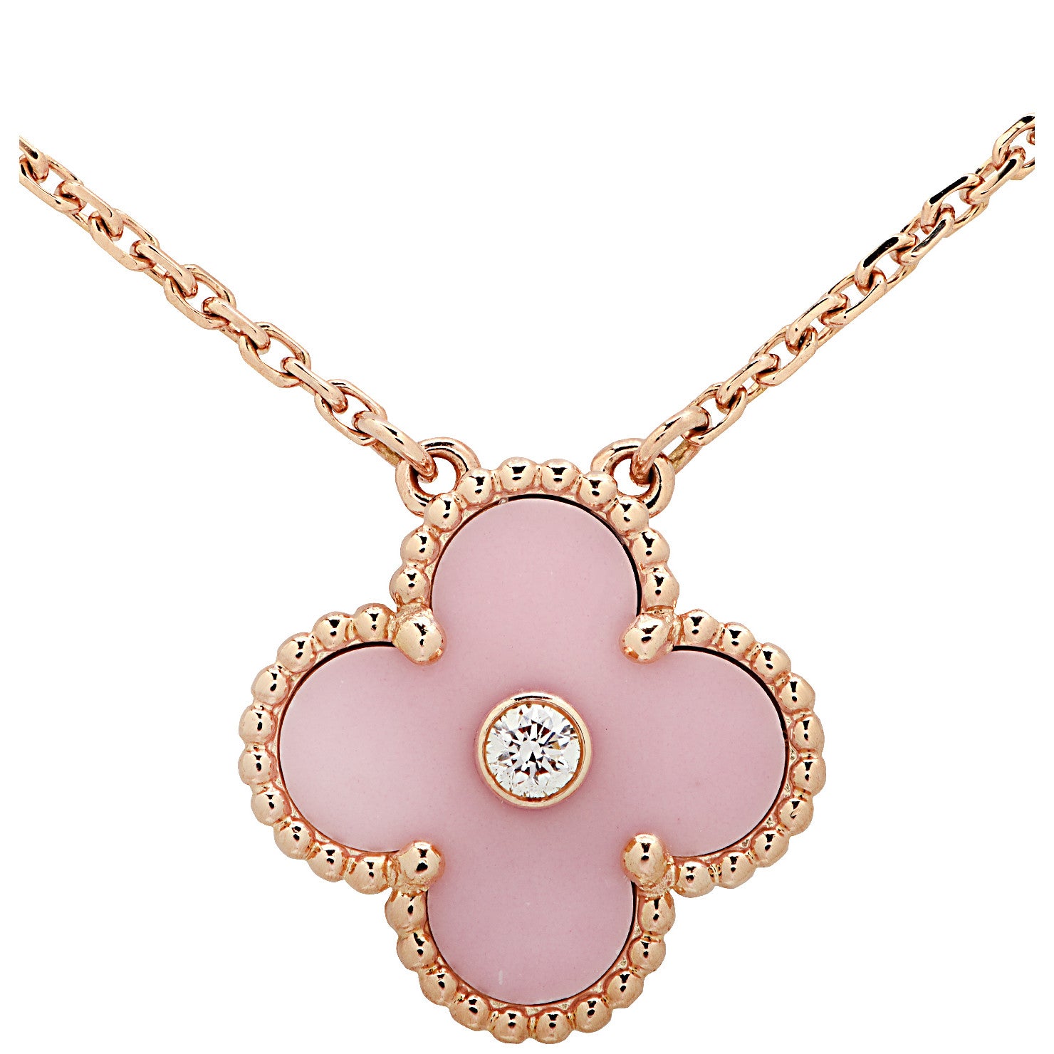 Van Cleef & Arpels Post-1980s 18KT Rose Gold Diamond & Porcelain Alhambra Necklace front